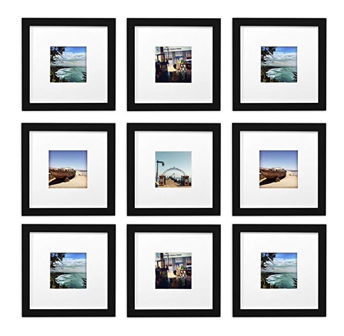 Golden State Art, Smartphone Instagram Frames Collection,Set of 9, 8x8-inch Square Photo Wood Frames White Photo Mat & Real Glass 4x4 Photo, Black