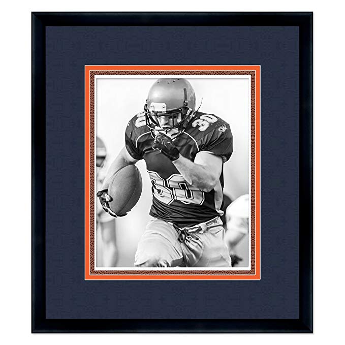 Poster Palooza Black Wood Frame for 16x20 Photos with a Triple Mat - Dark Navy Blue, Orange, and Football Textured Mats