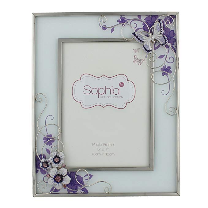 Butterfly & Flowers Cream Glass Photo Frame 5x7 by Juliana