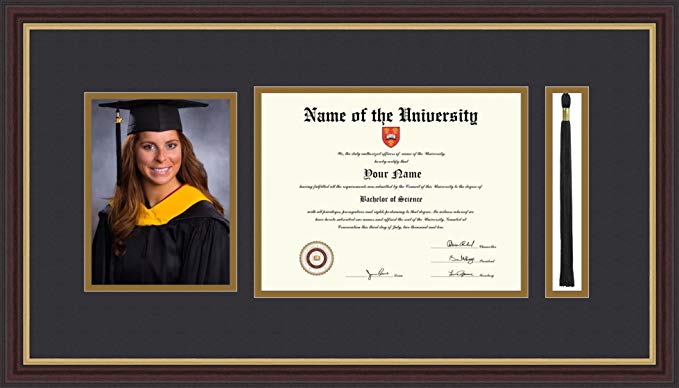 ArtToFrames 8.5x11 Diploma Frame with 6x8 Picture and 1.5x8.5 Inch Tassel Openings - Framed in Mahogany and Gold Slope, Diploma-4213-89/596-0066-83120-YMAH