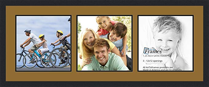 ArtToFrames Collage Photo Frame Double Mat with 3 - 12x12 Openings and Satin Black Frame