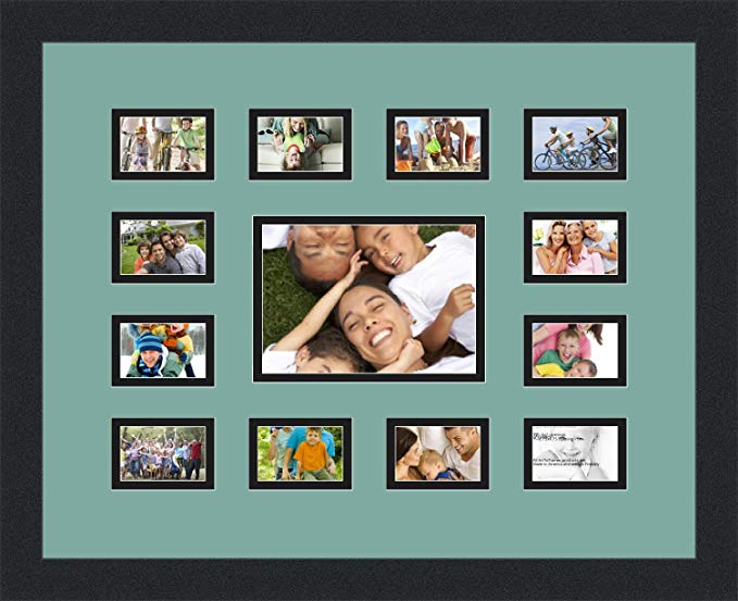 Art to Frames Double-Multimat-569-818/89-FRBW26079 Collage Photo Frame Double Mat with 1 - 4.75x6.75 and 12 - 2x3 Openings and Satin Black Frame