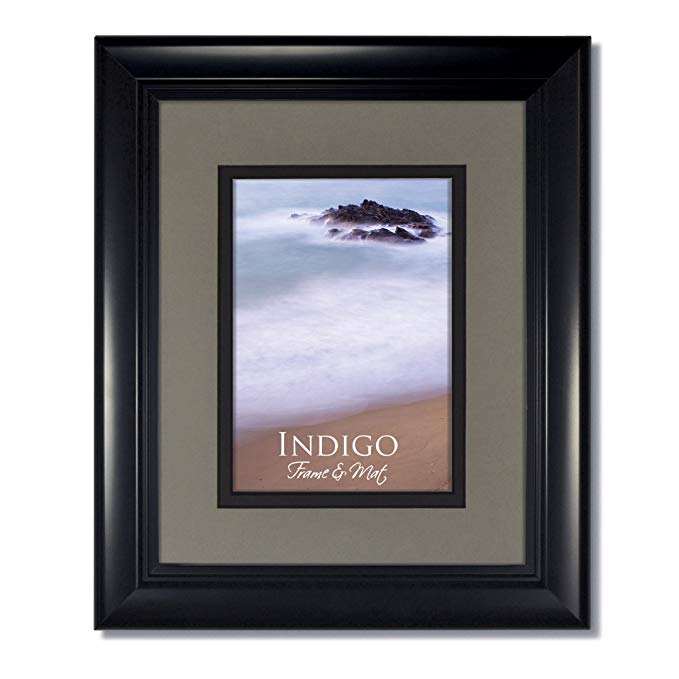 Set of 2 - 11x14 Classic Step Black Wood Picture Frame with Clear Glass and Slate/Black Double Black Core Mat for 8x10