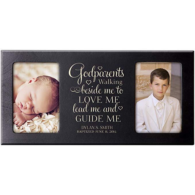 Personalized Godparents photo frame Gift Custom Engraved Christening picture frame holds 2 -4x6 photos (Black)
